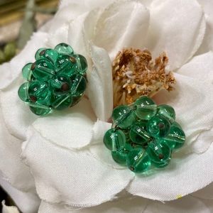 Vintage green glass wired bead screw back earrings w/Sterling backing 3/4”